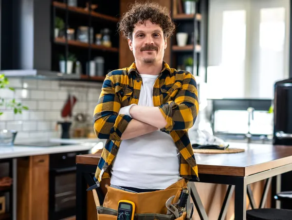 Smiling contractor with arms folded and toolbelt