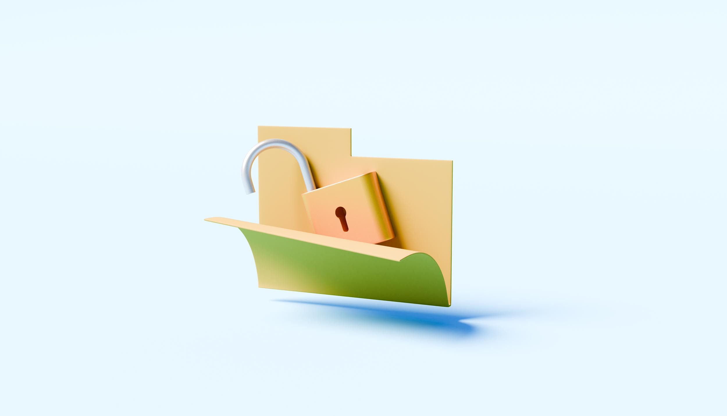 A 3D illustration of a manila folder with an opened lock inside, file security