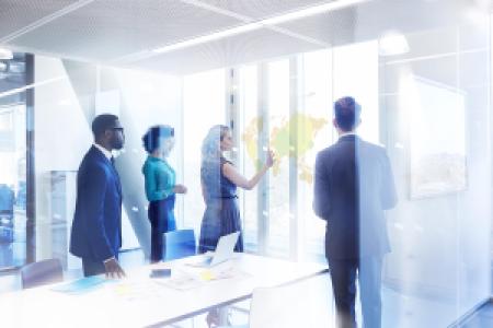 a business meeting in a futuristic office