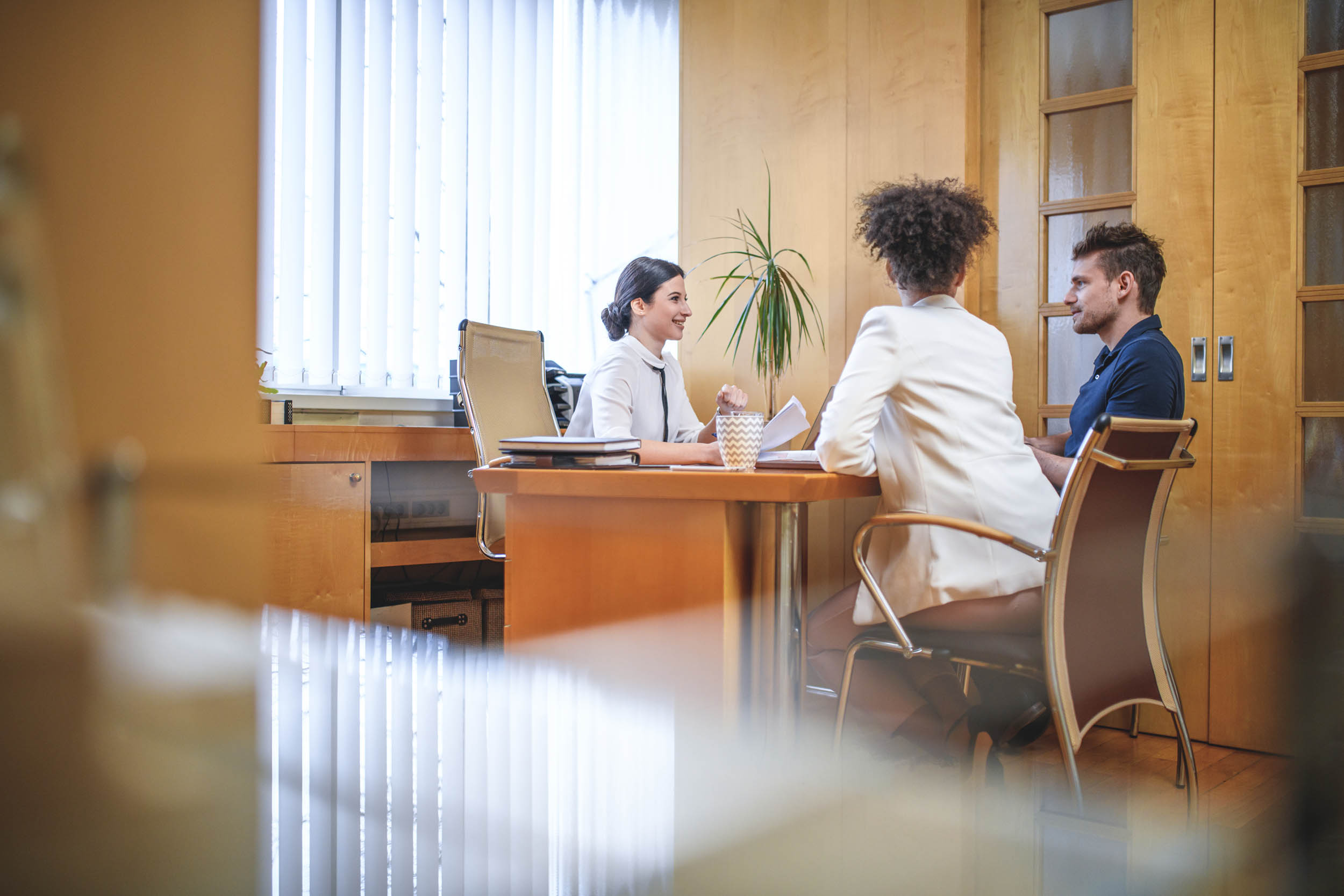 A tax professional discussing new regulations with a client in an office setting.