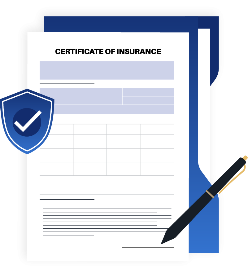 A clipboard holding a certificate of insurance, with golden shield icons on top