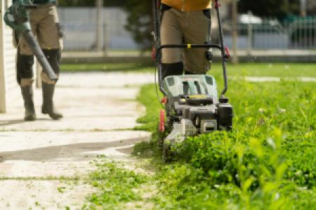 lawn care professionals using push mower and blower in a yard