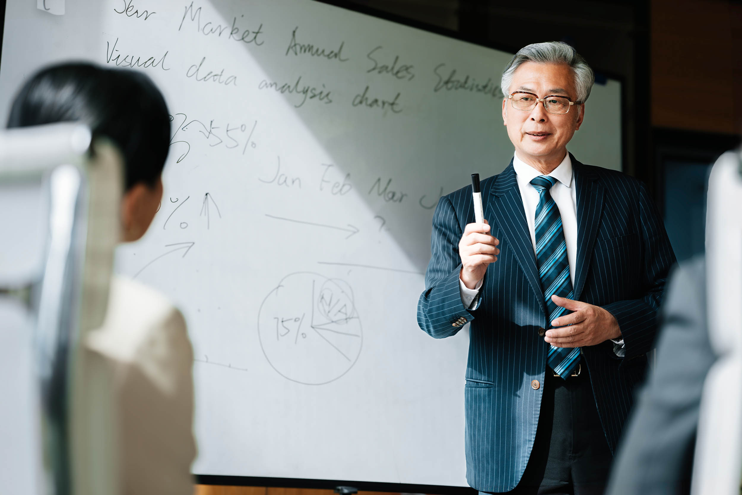 Presenting at a business meeting to plan succession