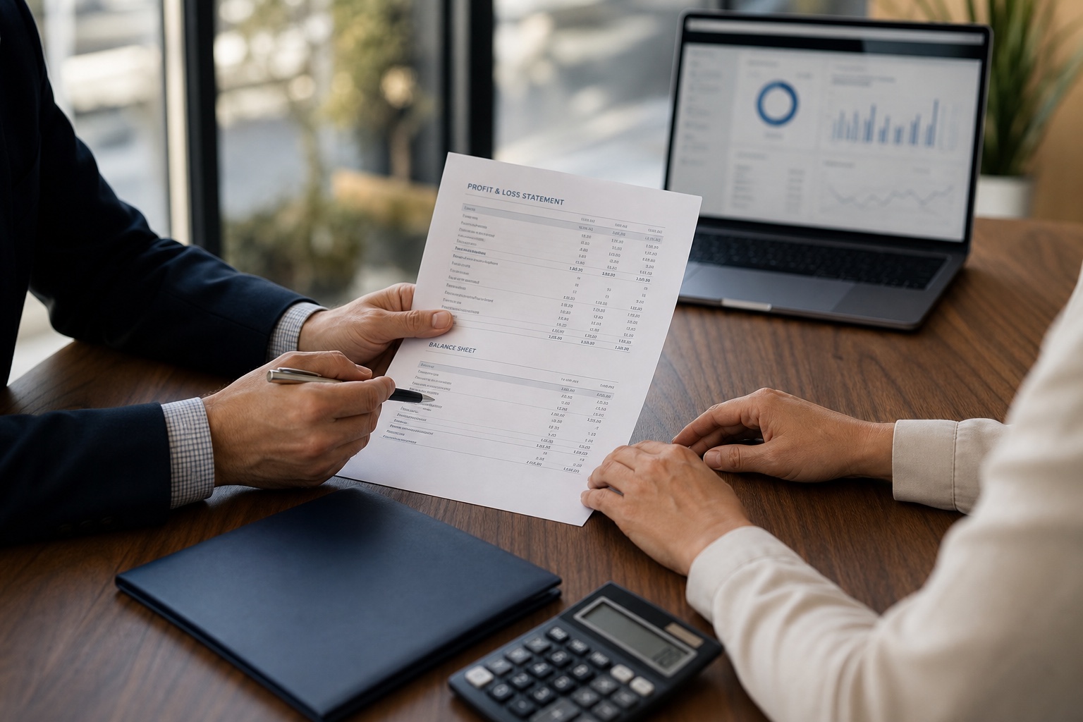 Business owner and CPA reviewing bookkeeping reports and cash flow