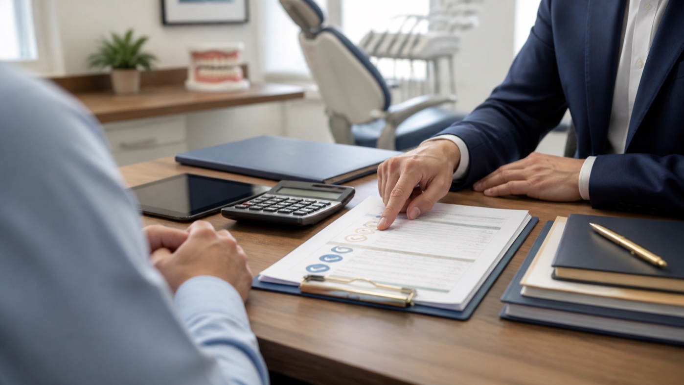 CPA reviewing organized tax and financial records for a dental practice