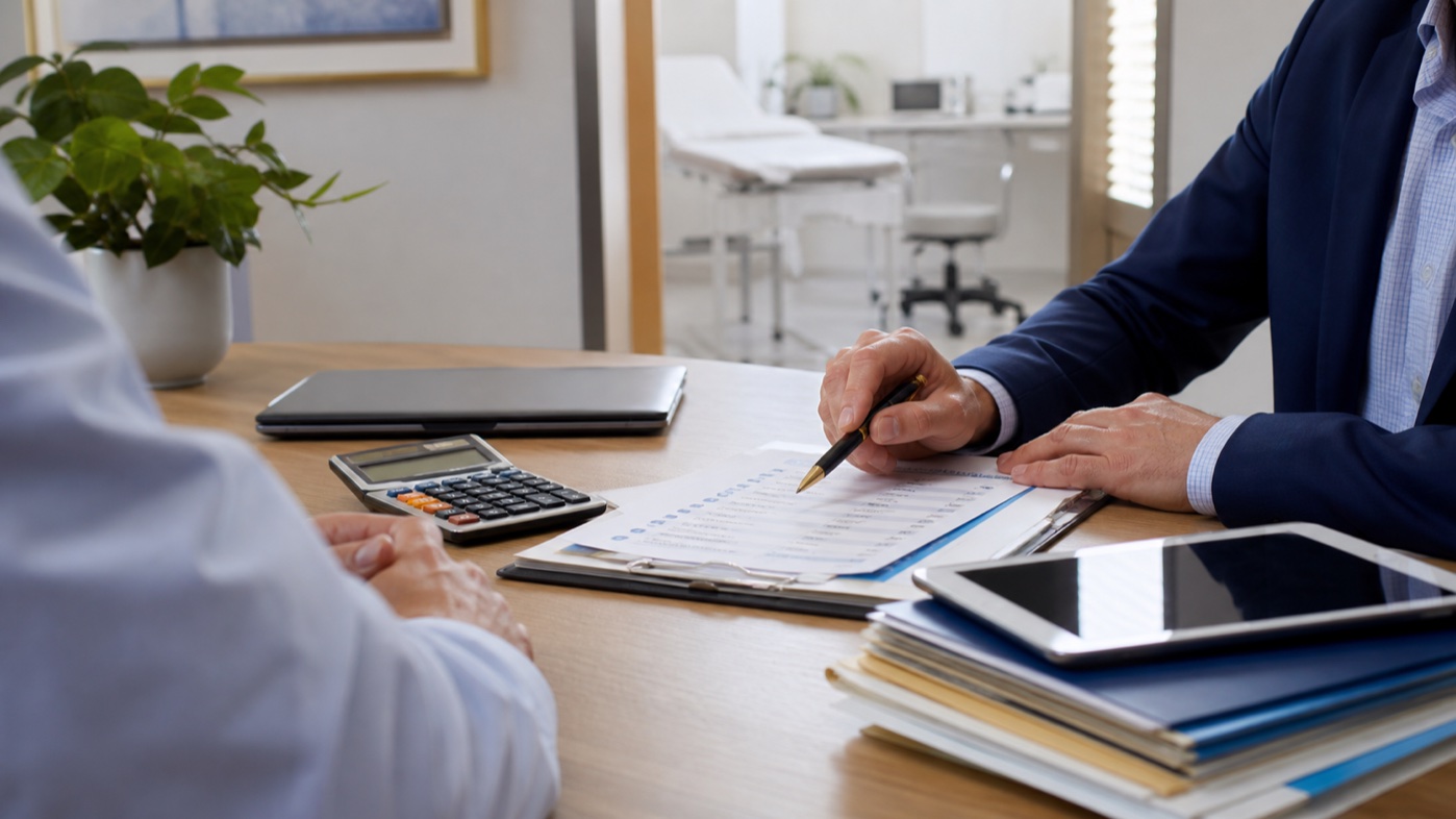 CPA reviewing organized tax and financial records for a medical practice