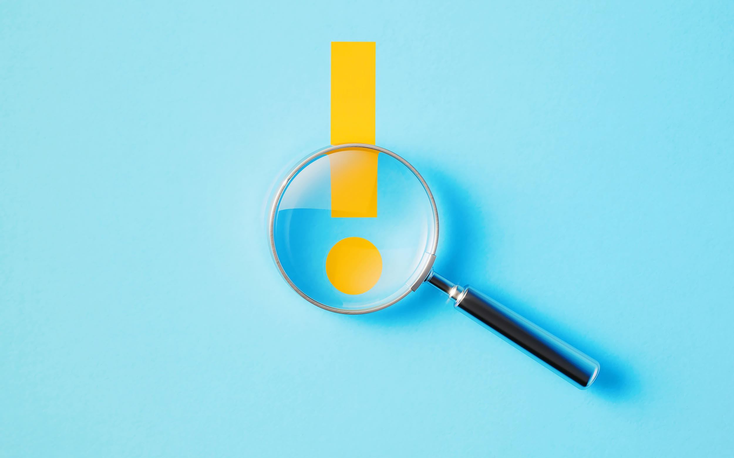 Magnifier and yellow exclamation point on aquamarine background