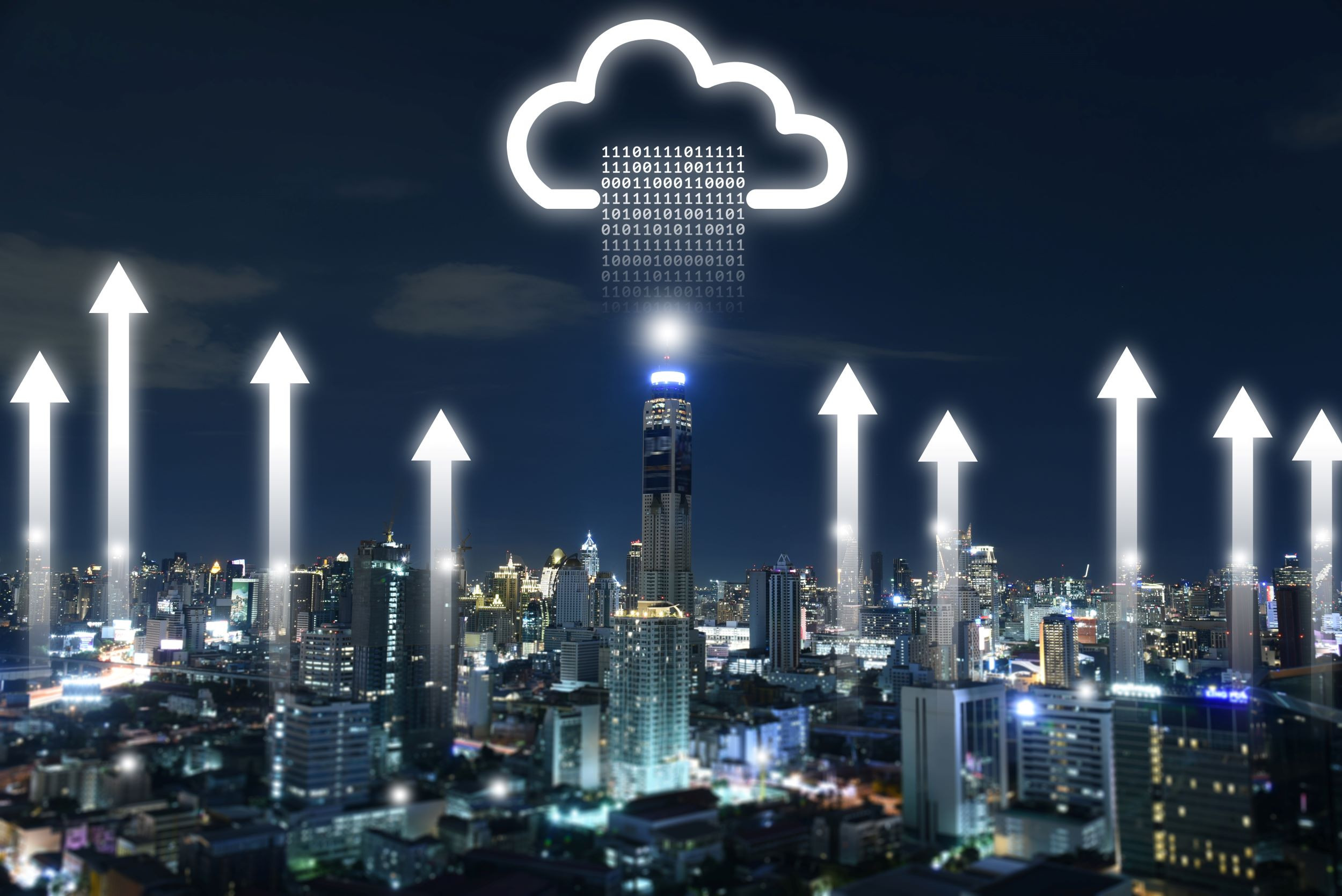 data collection from cityscape rises up to a cloud hologram