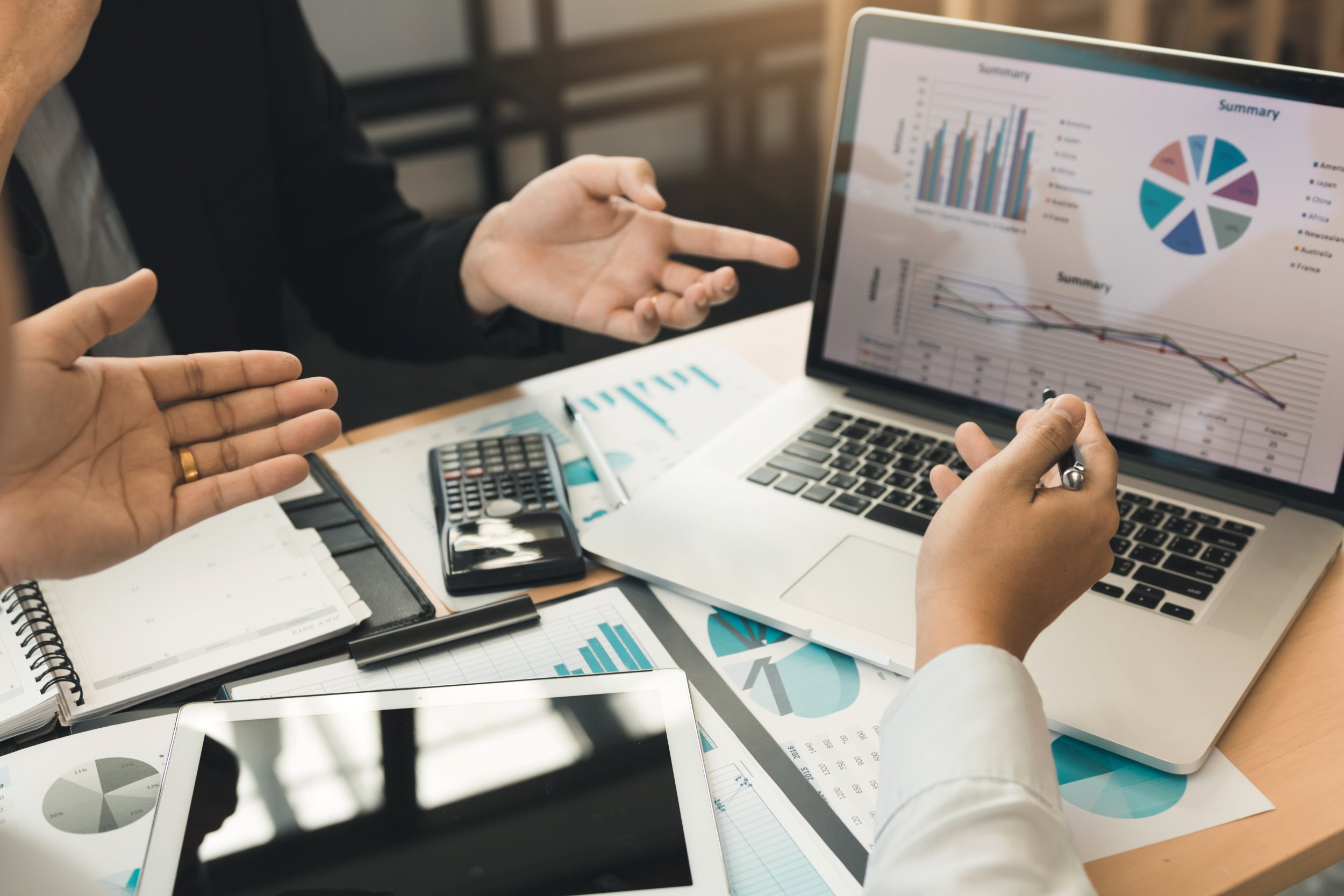 a business meeting to discuss financial reports