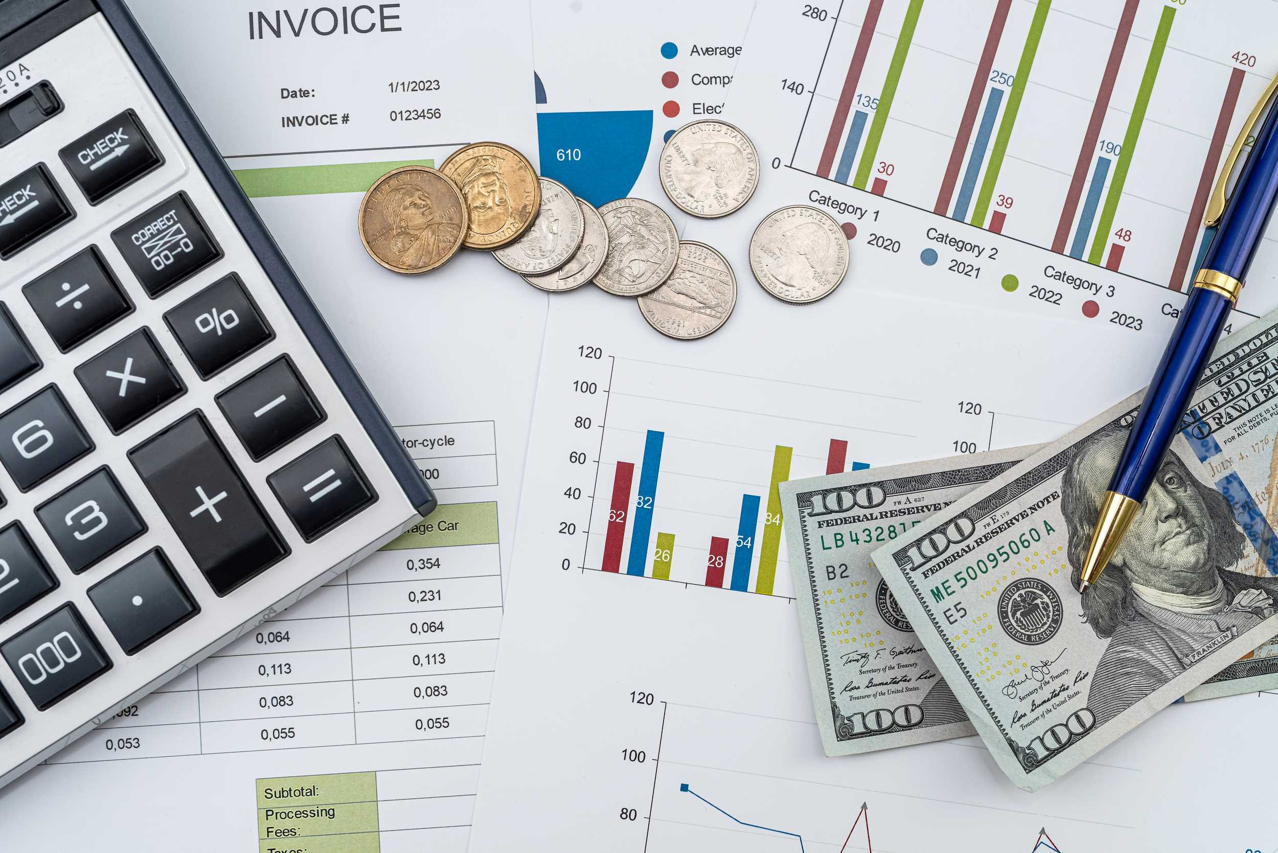 calculator, money and a pen on top of business documents