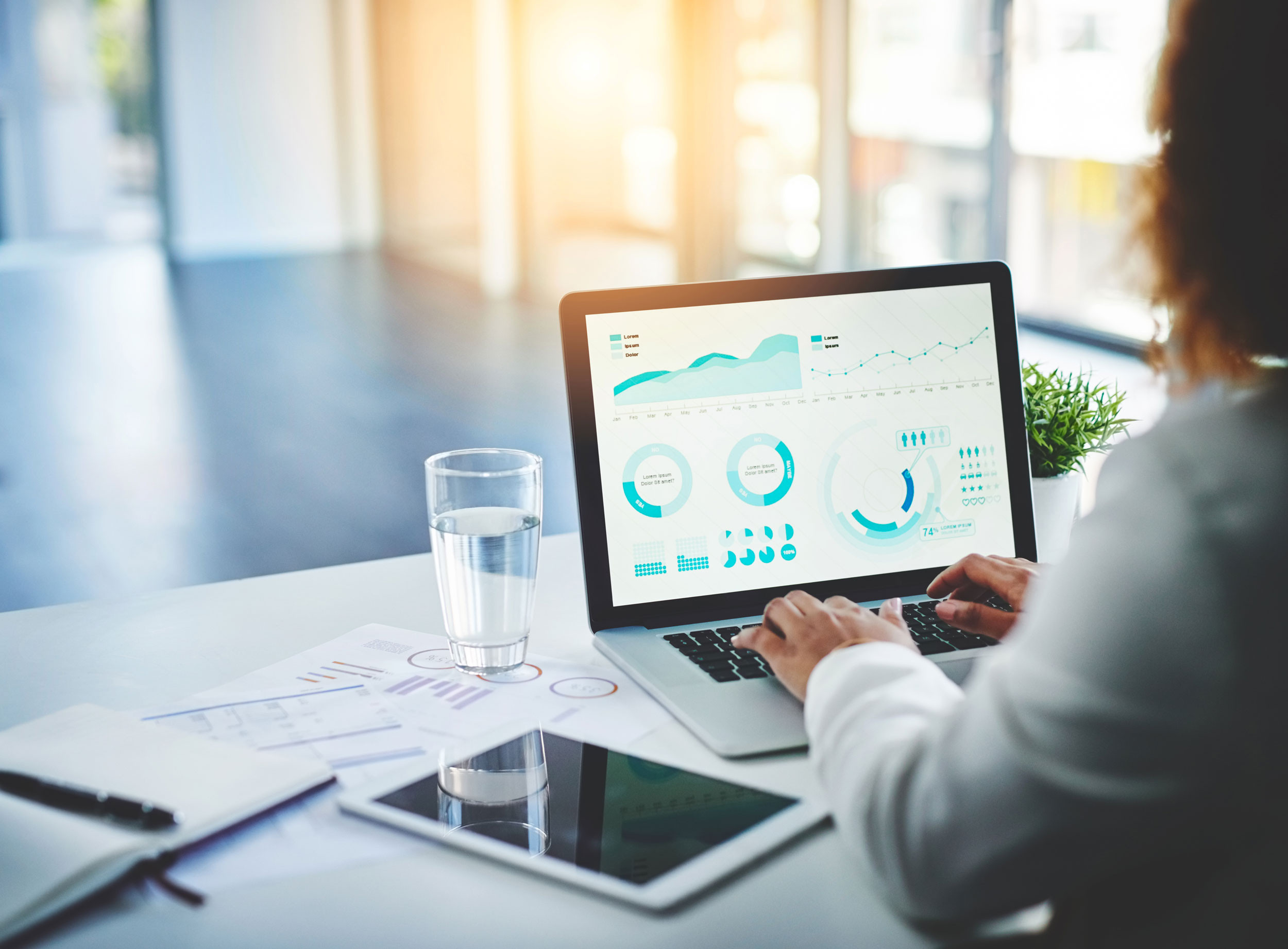 person creating the financial analysis using the laptop