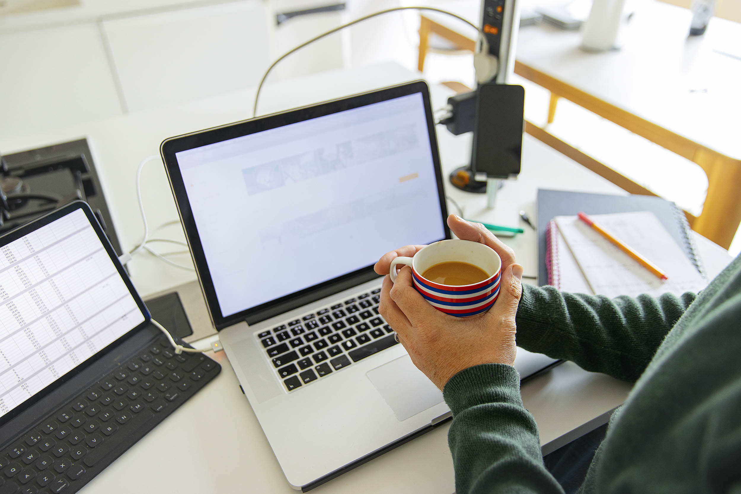 a person reviewing the account statements using the laptop and tablet