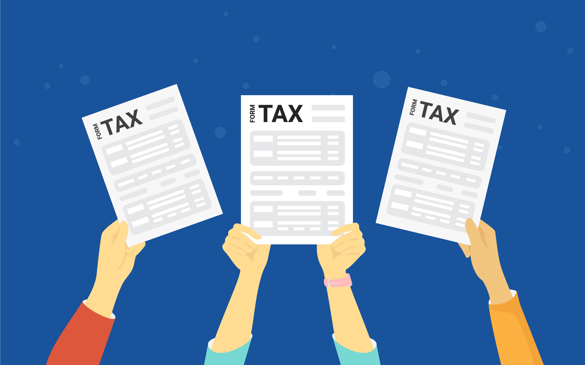 a group of people with the tax form sheet