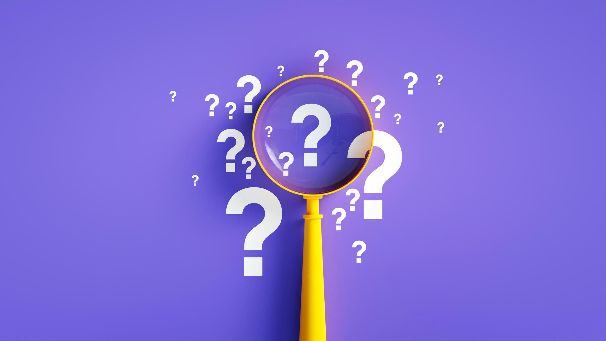 magnifying glass faq symbol in purple color background