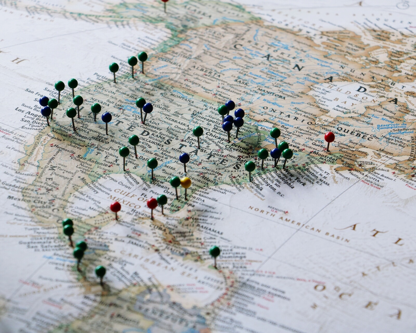 north america map pins the various location