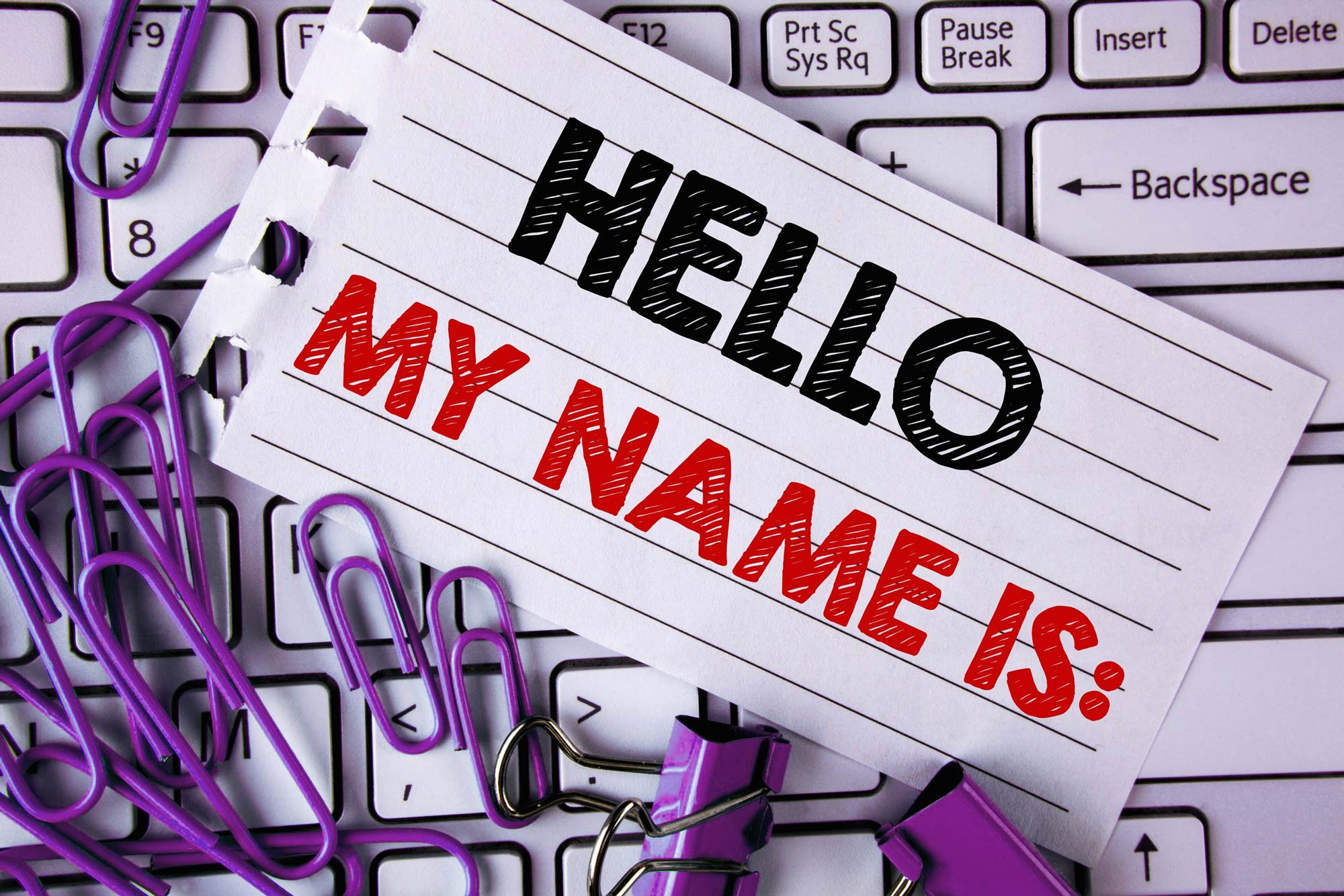 intro card purple tag representing hello my name is