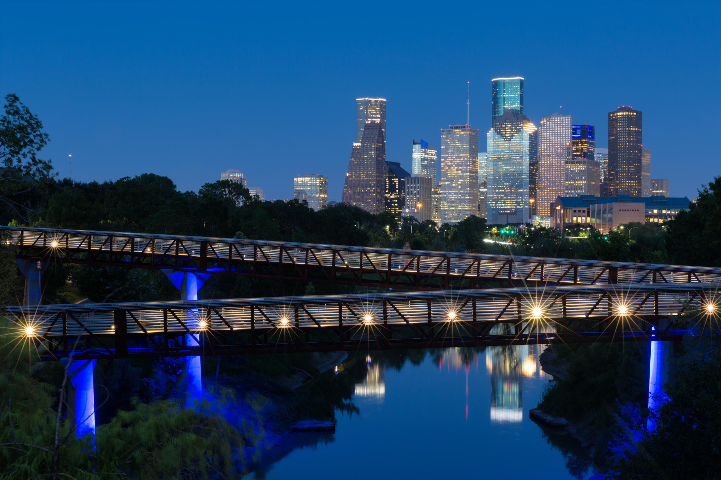 houston skyline with bridge at night
