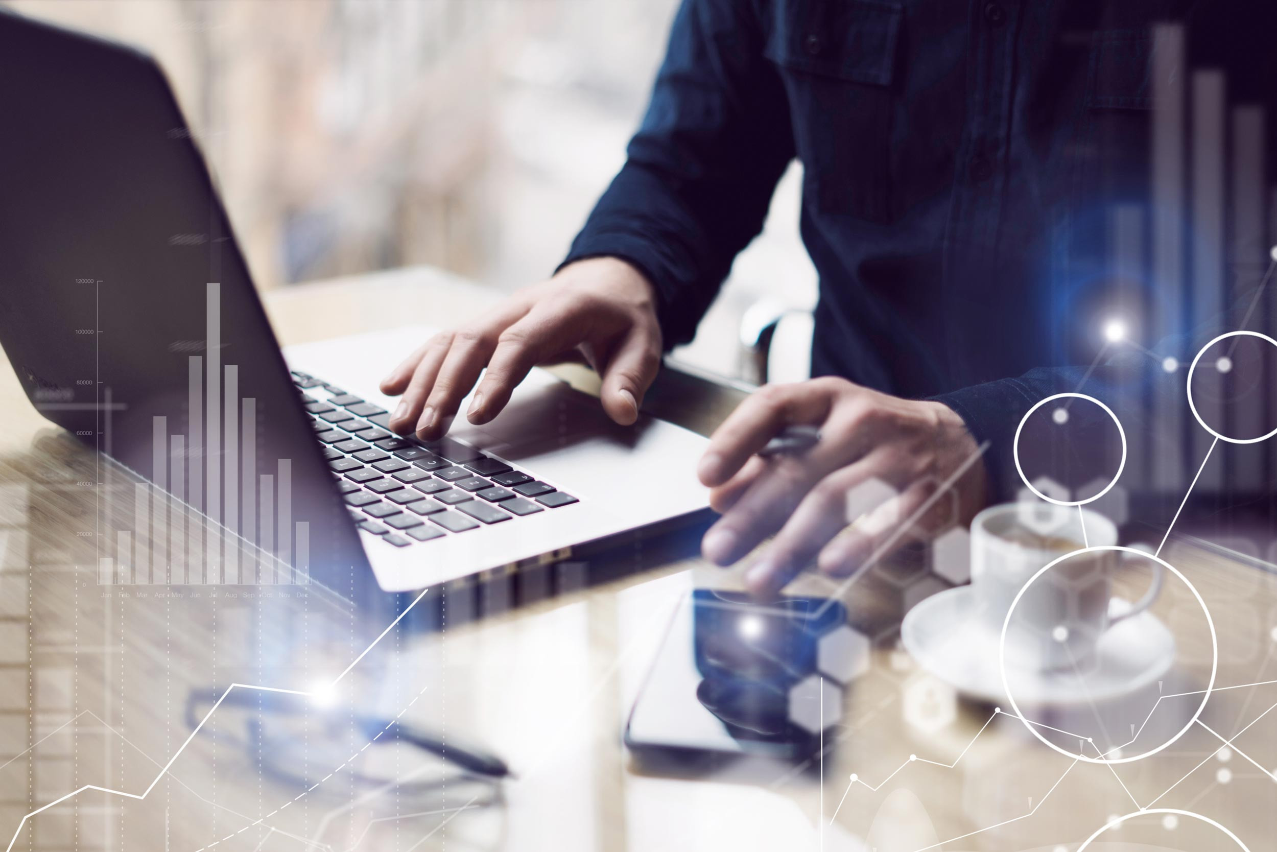 businessperson working with computer and virtual icon