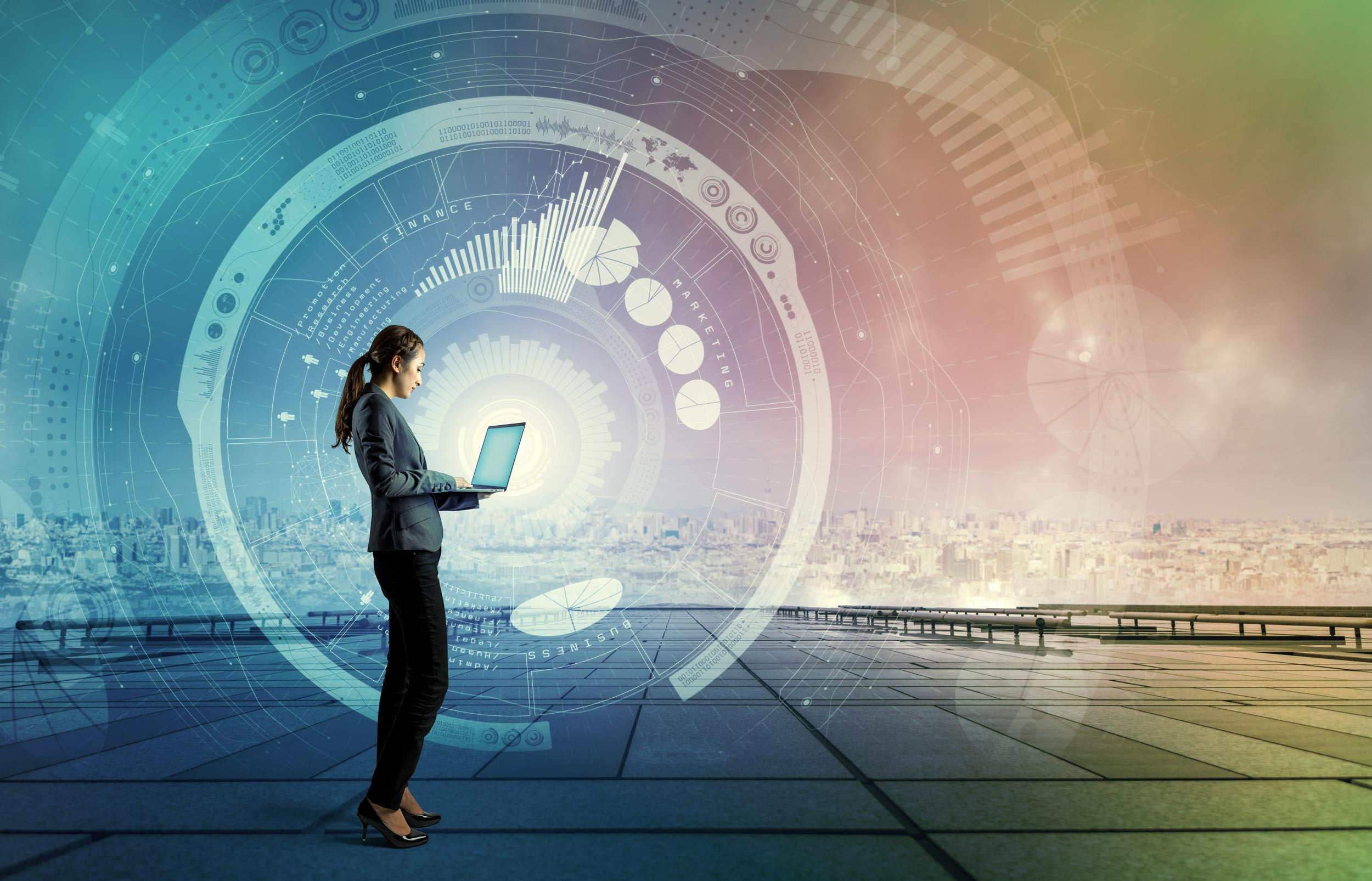 person using laptop with digital marketing technology screen