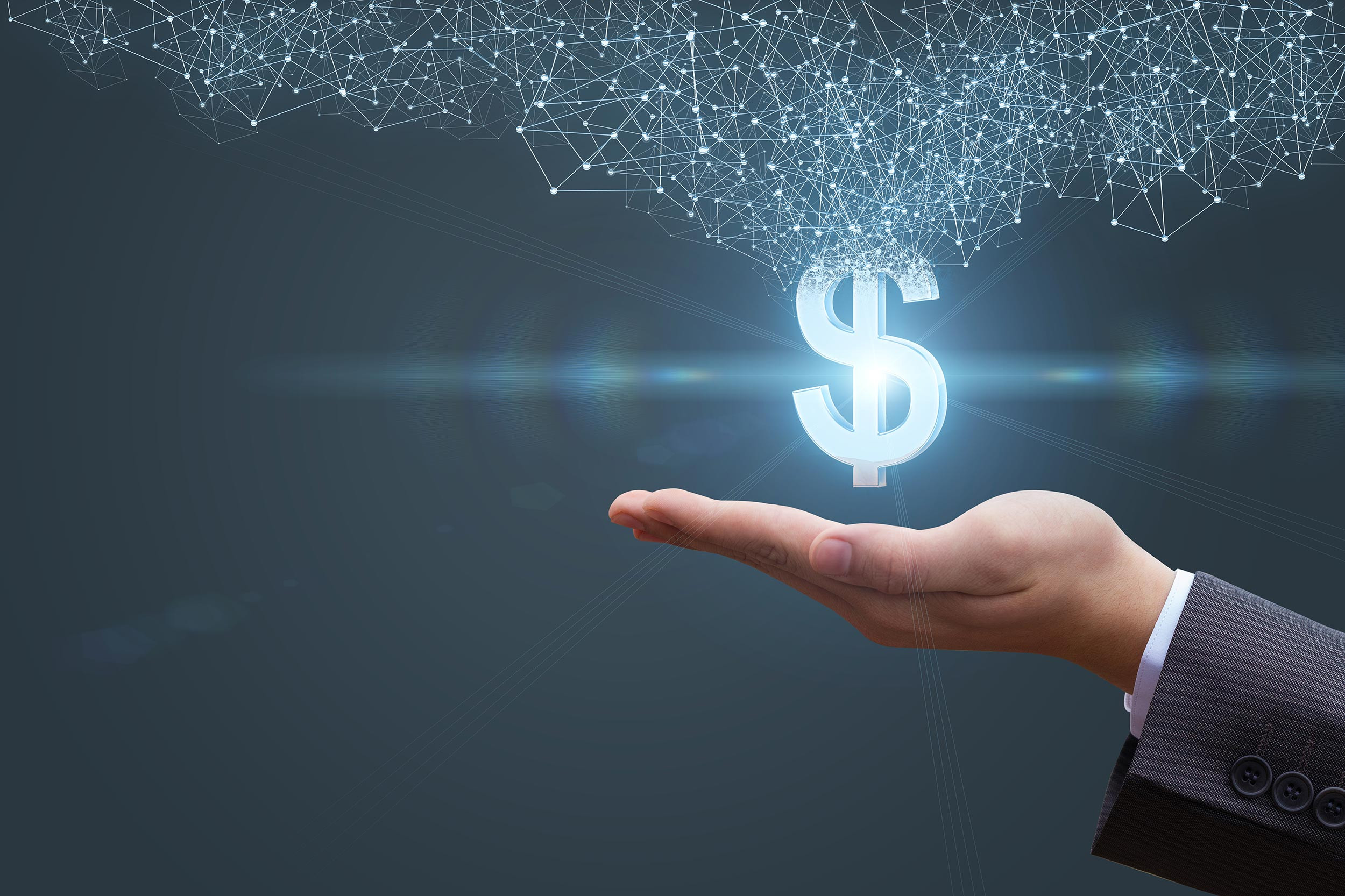 virtual hand dollar symbol on technology