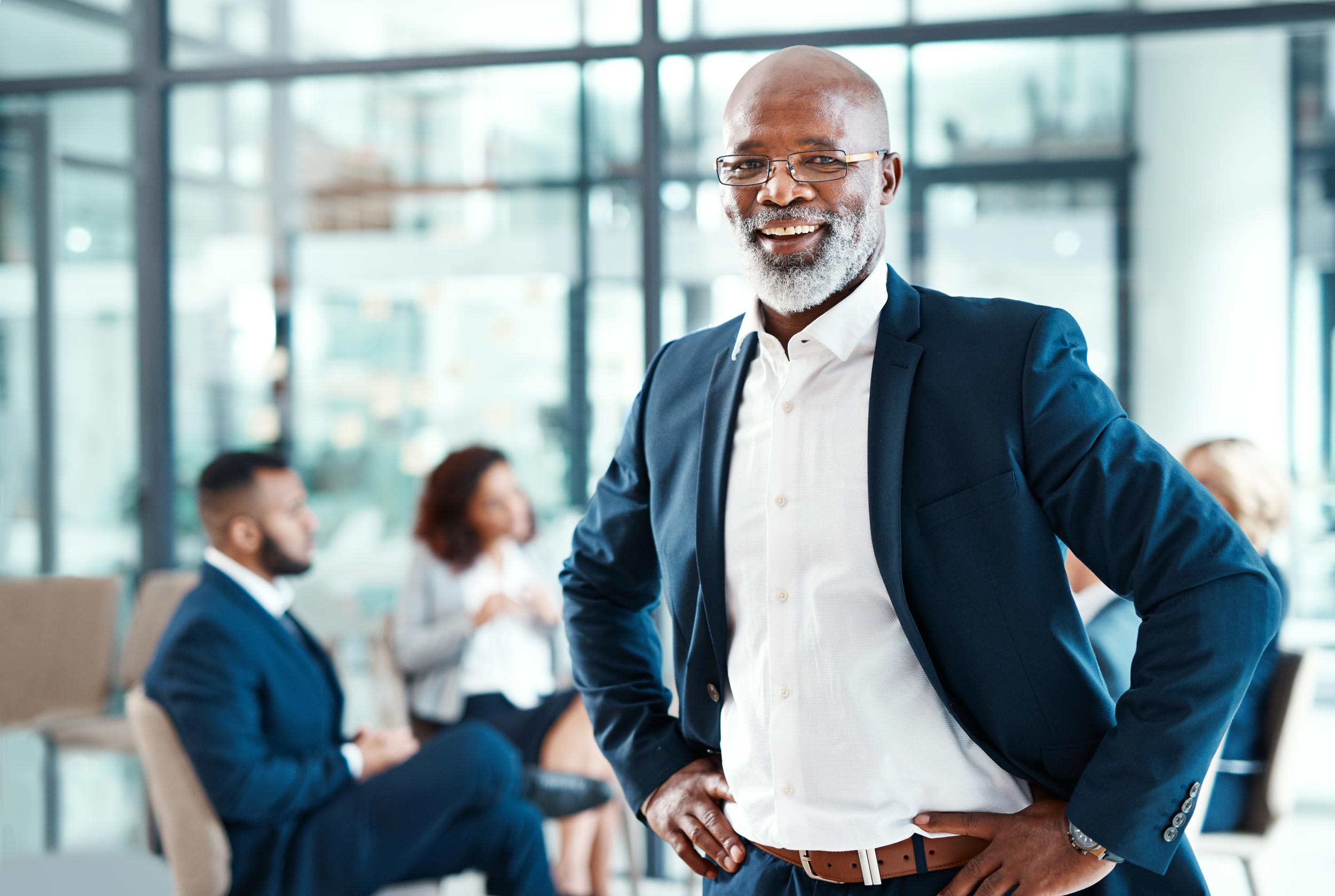 a business person standing happily