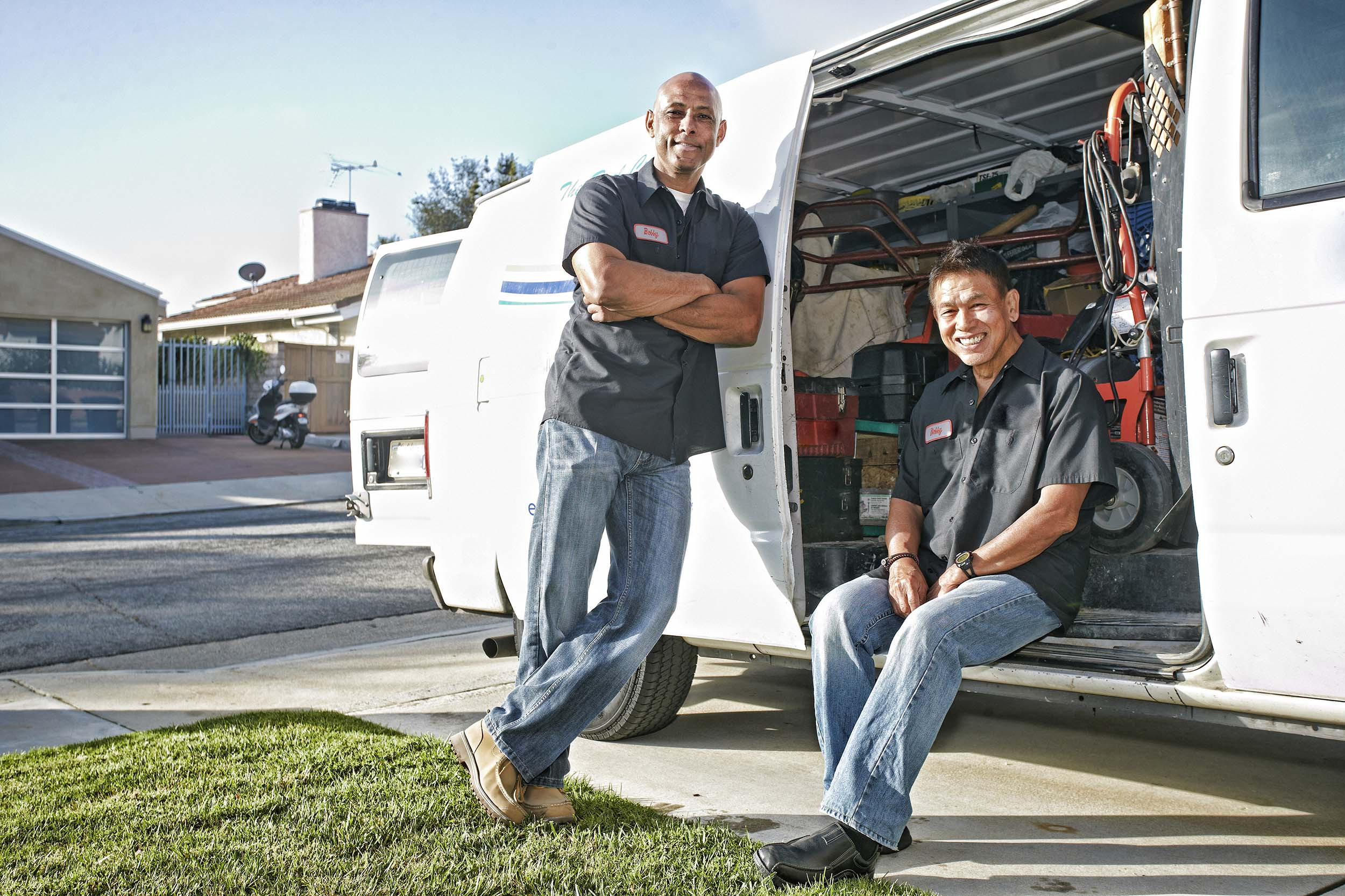 contractors sitting on van