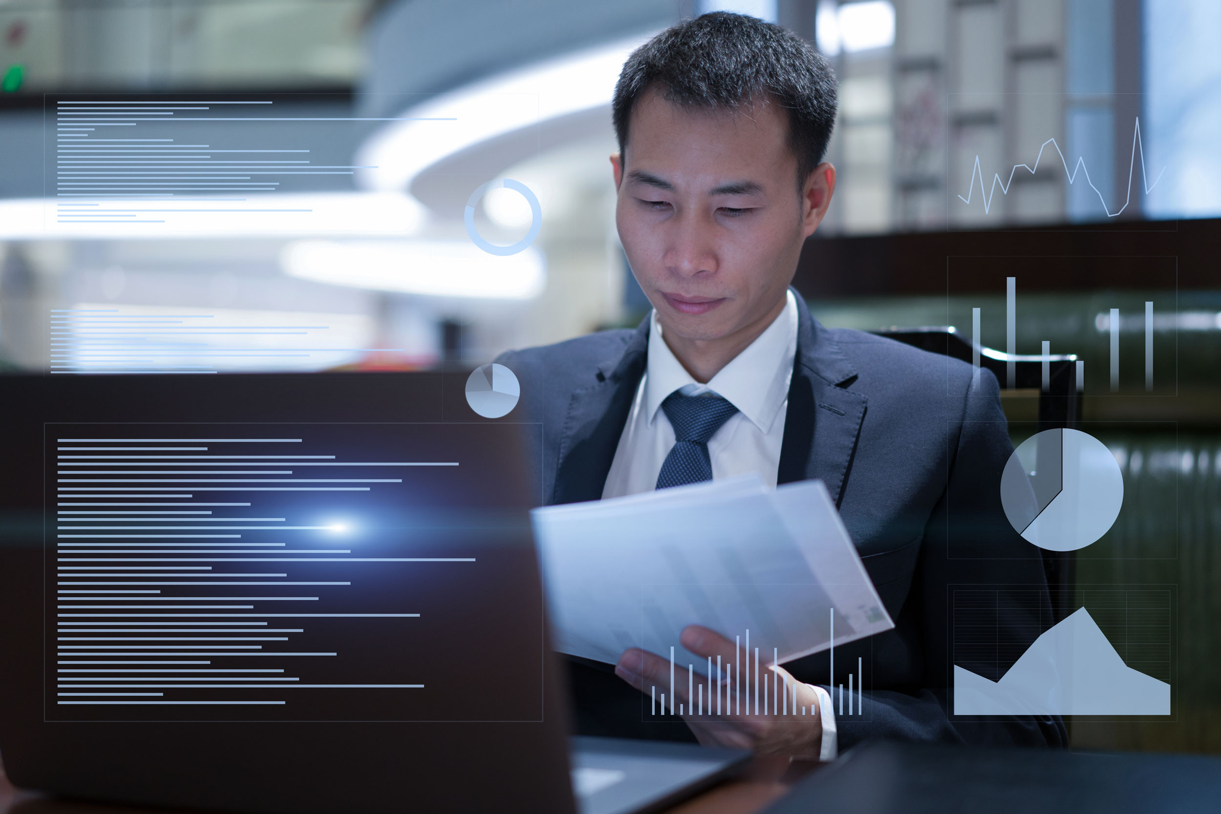 a cfo person analysing the composite image of statistical charts