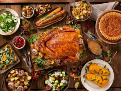 Thanksgiving turkey dinner with a full spread of dishes