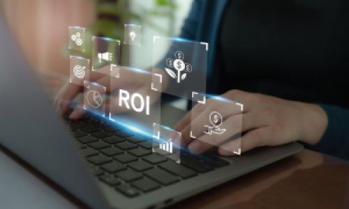 virtual ROI, money and graph icons on computer screen