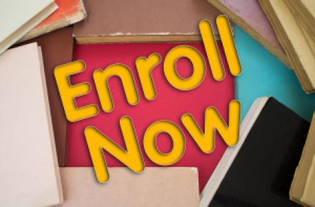Enroll Now text surrounded by vintage books